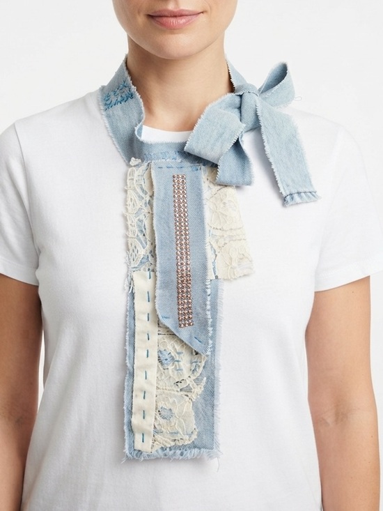 Hand Crafted Accessories - Hand Crafted Necktie Scarf Jabot Upcycled Denim Vintage Lace Artisan OS